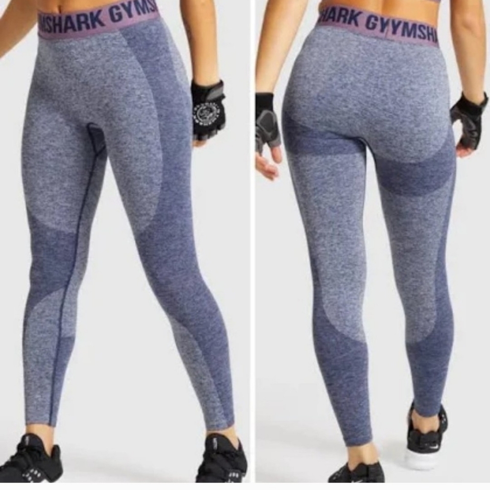 Gymshark, Flex High Waisted Leggings, Blue/Gray W/purple Waistband, Women's Sz M